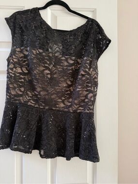 Black Lace Sequin Peplum Top